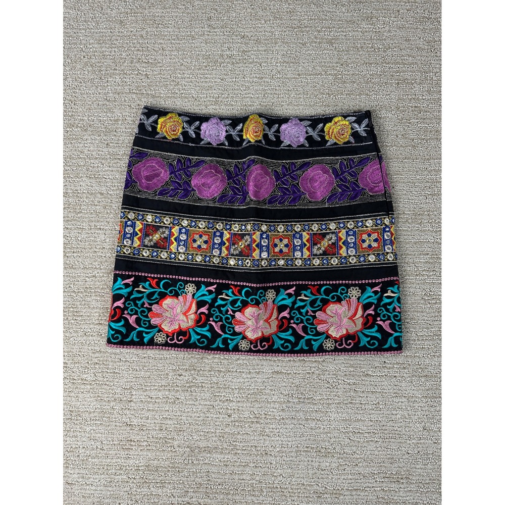 Farm Rio Black Embroidered Floral Mirror Sequin Mini Skirt Boho Women Size M